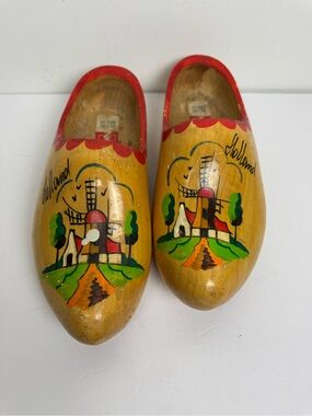 Vintage Hand-Painted Dutch Holland Wooden Clogs with Traditional Windmill Motif